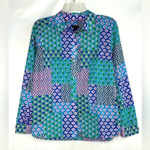 Talbots Tulip Patchwork Blouse Button‎ Down Retro Flower Power Preppy Sz LP